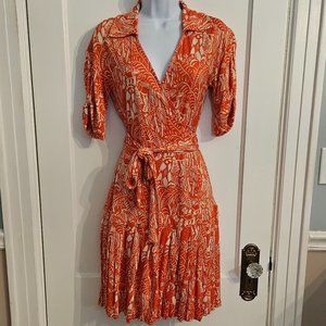 DVF Shilo Wrap Dress Orange White Deco Floral Design Size 6